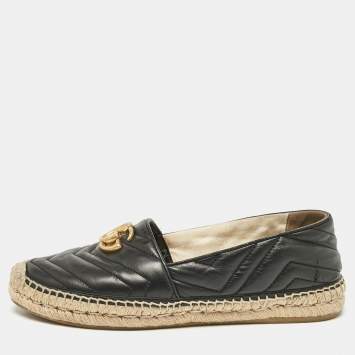 Pre Owned Gucci Black Matelassé Leather GG Marmont Espadrille Flats Size 40