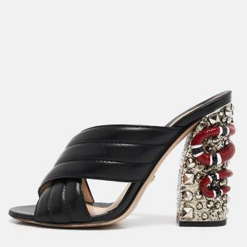 Pre Owned Gucci Black Quilted Leather Snake Embellished Slide Sandals Size 39