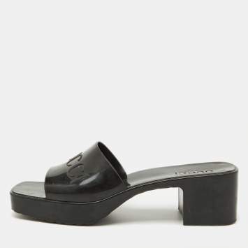 Pre Owned Gucci Black Rubber Logo Embossed Platform Slide Sandals Size 41