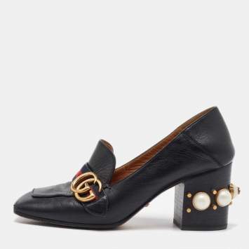 Pre Owned Gucci Black Leather Web GG Marmont Faux Pearl Block Heel Loafer Pumps Size 38