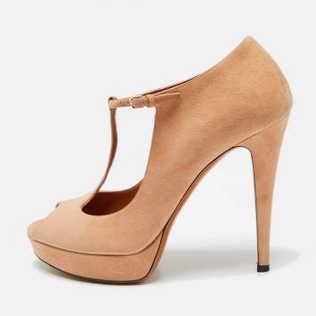 Pre Owned Gucci Pink Suede Peep Toe Platform T-Strap Pumps Size 38