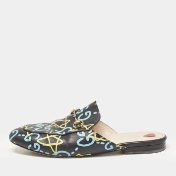 Pre Owned Gucci Black Leather Ghost Print Horsebit Princetown Flat Mules Size 41