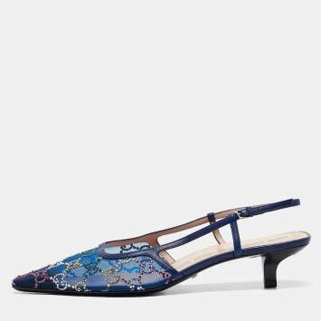 Pre Owned Gucci Blue GG Embellished Mesh and Leather Slingback Pumps Size 40