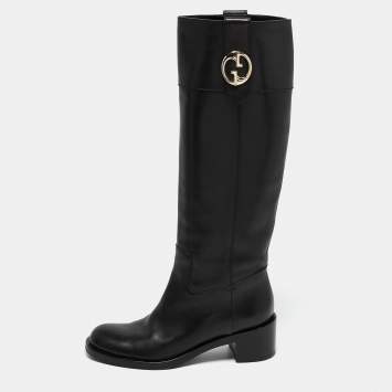 Pre Owned Gucci Black Leather Riding Mid Calf  Boots Size 36.5
