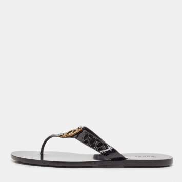 Pre Owned Gucci Black Microguccissima Patent Leather Interlocking G Thong Flats Size 38.5