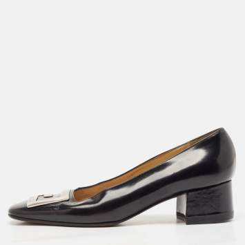 Pre Owned Gucci Black Leather GG Block Heel Pumps Size 37