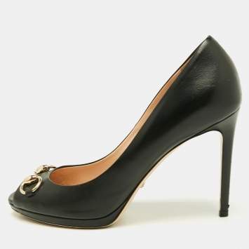 Gucci Black Leather New Hollywood Horsebit Peep Toe Pumps Size 38.5