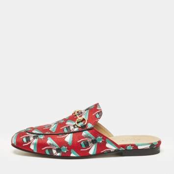 Pre Owned Gucci Multicolor Canvas Bee Embroidered Princetown Mules Size 38