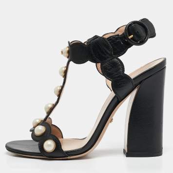 Pre Owned Gucci Black Leather Faux Pearl Willow T-Strap Block Heel Sandals Size 37.5