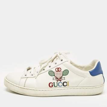 Pre Owned Gucci White/Blue Leather Tennis Embroidered Low Top Sneakers Size 37.5