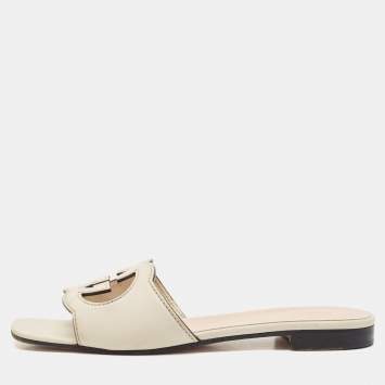 Pre Owned Gucci Cream Leather GG Cut Out Flat Slides Size 40