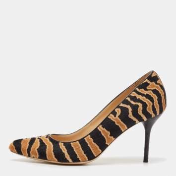 Pre Owned Gucci Beige Black/Black Calf Hair Pointed Toe Pumps Size 36.5