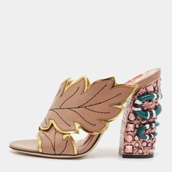 Pre Owned Gucci Beige Leather Leaves Crossover Embellished Heel Peep Toe Mules Size 37.5