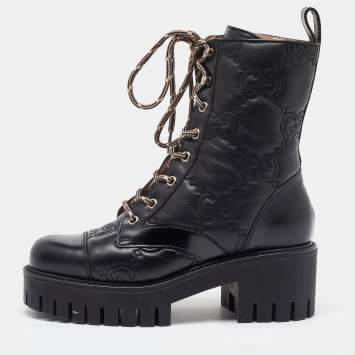 Pre Owned Gucci Black GG Quilted Leather Lace Up Platform Combat Boots size 36.5