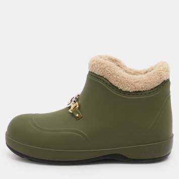 Pre Owned Gucci Green Rubber and Shearling Horsebit Snow Boots Size 37