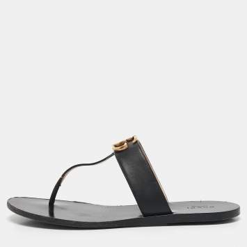 Pre Owned Gucci Black Leather GG Marmont Thong Flats Size 40