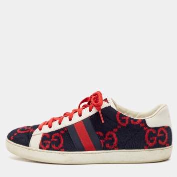 Pre Owned Gucci Navy Blue/White Leather and Velvet GG Ace Lace Up Sneakers Size 40