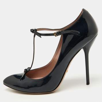 Pre Owned Gucci Navy Blue Patent Leather Beverly T-Strap Bow Pumps Size 39