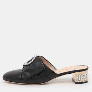 Gucci Black Leather Crystal Bow Embellished Mules Size 38.5
