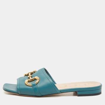 Pre Owned Gucci Green Leather Horsebit Flat Slides Size 36.5