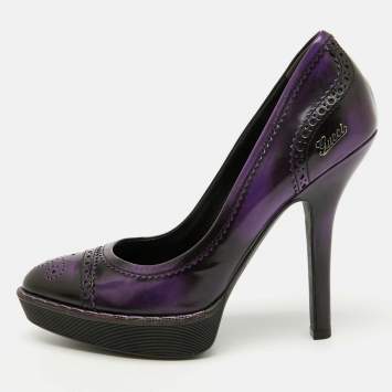 Pre Owned Gucci Purple/Black Leather Brogue Cap Toe Platform Pumps Size 39