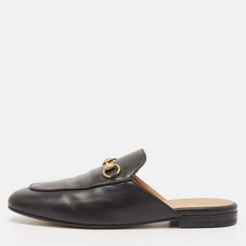 Pre Owned Gucci Black Leather Princetown Horsebit Flat Mules Size 38
