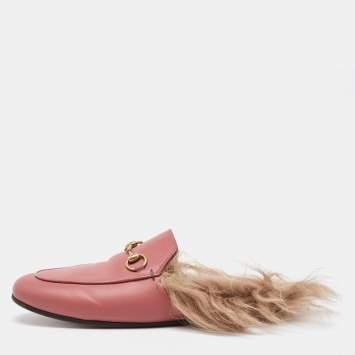 Pre Owned Gucci Pink Leather Horsebit Princetown Fur Flat Mules Size 37