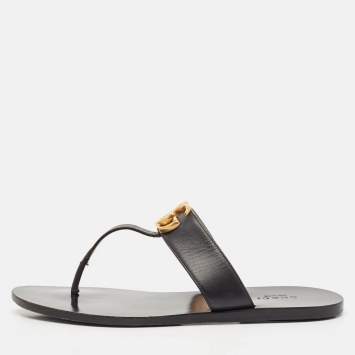 Pre Owned Gucci Black Leather GG Marmont Thong Flats Size 38