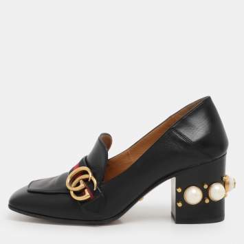 Gucci Black Leather GG Marmont Embellished Pumps Size 37.5