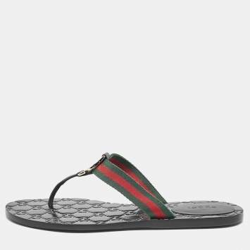 Pre Owned Gucci Black Leather GG Marmont Thong Flats Size 38
