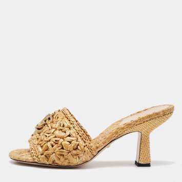 Pre Owned Gucci Beige Woven Raffia Double G Slide Sandals Size 37.5