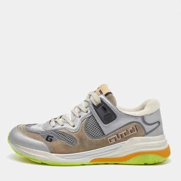 Pre Owned Gucci Silver/Brown Leather and Mesh Ultrapace Low Top Sneakers Size 37.5