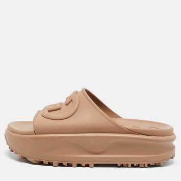 Pre Owned Gucci Beige Rubber Interlocking GG Platform Slide Sandals Size 37