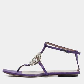 Pre Owned Gucci Purple Satin Crystal Embellished Interlocking G Thong Flat Sandals Size 36