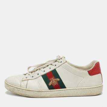 Pre Owned Gucci White Leather Bee Embroidered Ace Web Low Top Sneakers Size 37