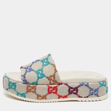 Pre Owned Gucci Multicolor Linen Psychedelic Mini GG Monogram Angelina Platform Slide Sandals Size 39