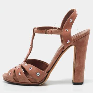 Gucci Old Rose Suede Crystal Embellished T-Strap Sandals Size 39.5