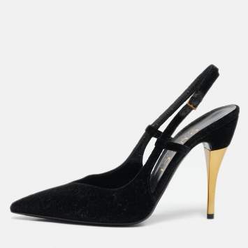 Pre Owned Gucci Black GG Velvet Pointed Toe Slingback Pumps Size 39.5
