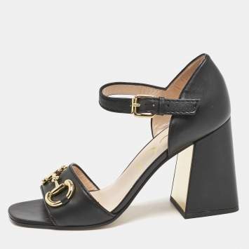 Pre Owned Gucci Black Leather Horsebit Ankle Strap Sandals Size 40