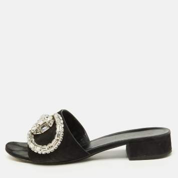Pre Owned Gucci Black Suede Crystal Embellished Maxime Slide Sandals Size 39