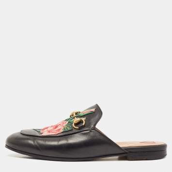 Gucci Black Leather Floral Embroidered Princetown Flat Mules Size 37