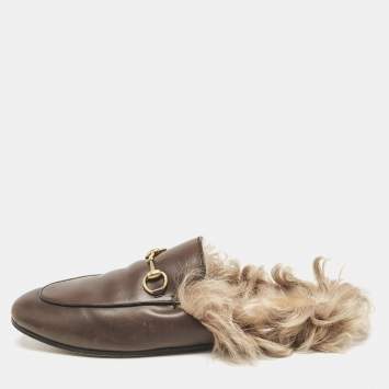 Pre Owned Gucci Brown Leather And Fur Princetown Mule Sandals Size 39