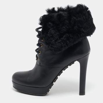 Gucci Black Leather and Fur Lace Up Platform Ankle Boots Size 37