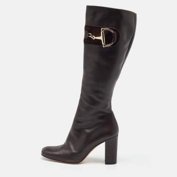 Gucci Dark Brown Leather Horsebit Knee Length Boots Size 36