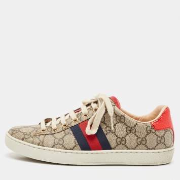Pre Owned Gucci Beige/Brown GG Supreme Canvas Ace Low Top Sneakers Size 37