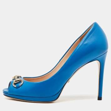 Pre Owned Gucci Blue Leather Horsebit Peep Toe Pumps Size 35