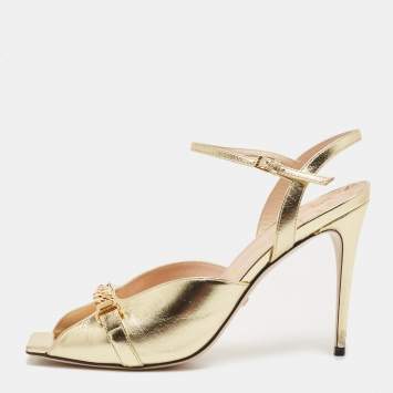 Pre Owned Gucci Gold Leather Chain Detail Sylvie Sandals Size 41