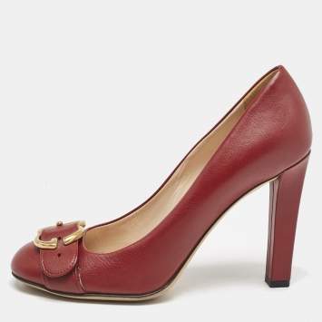 Pre Owned Gucci Red Leather GG Buckle Pumps Size 38.5