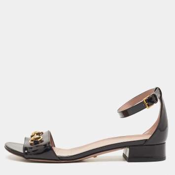 Gucci Black Patent Leather Horsebit Ankle Strap Sandals Size 40