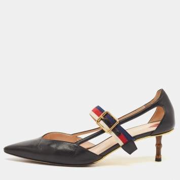 Gucci Black Leather Sylvie Web Strap Bamboo Heel Unia Pumps Size 40